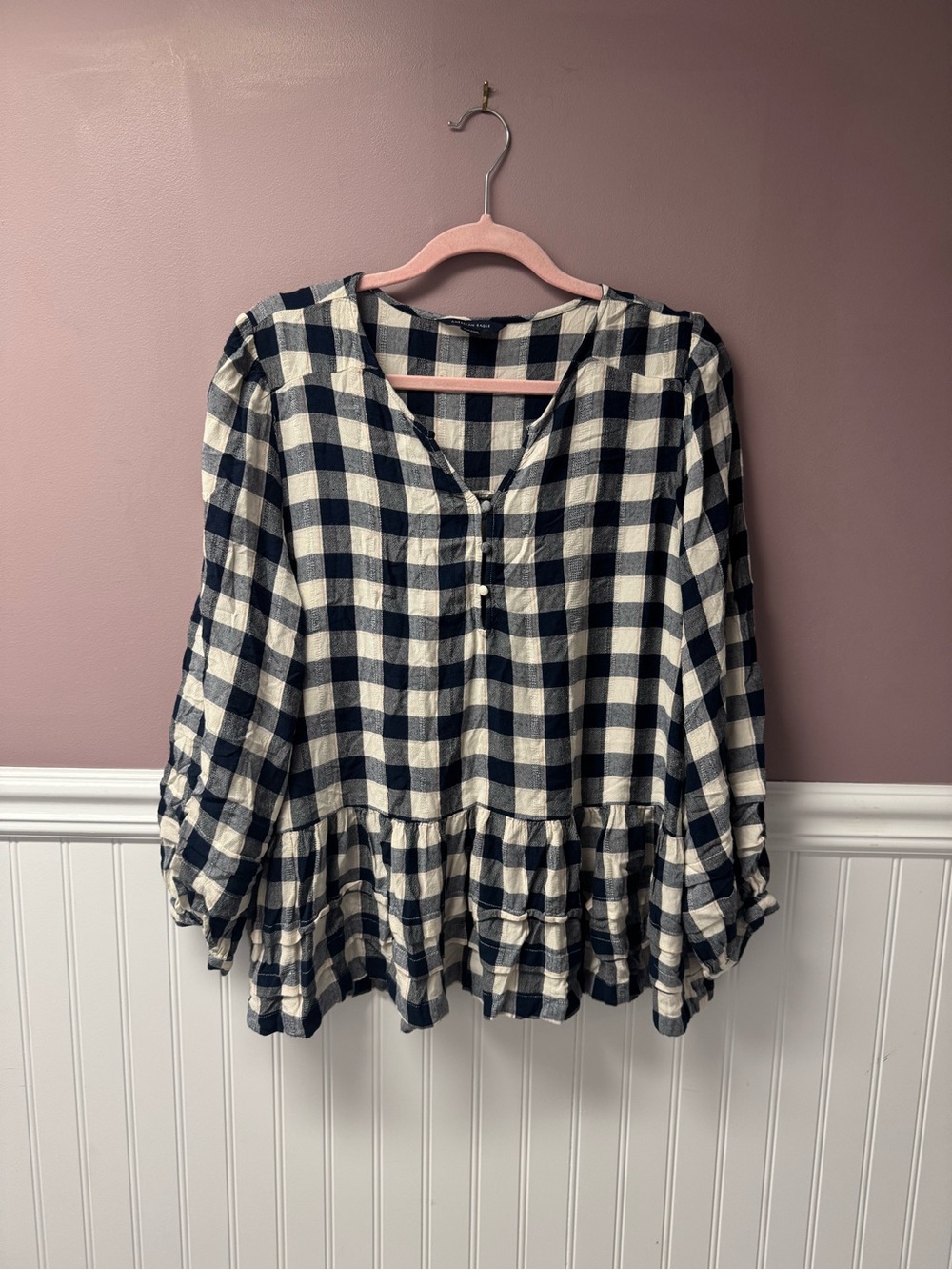 American Eagle Navy Blue and Cream Plaid Peplum Button-Front Women's Top